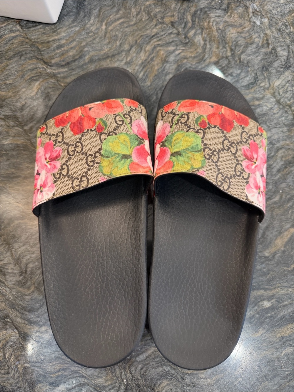 Gucci Floral GG Canvas Slide Sandals - Black with Pink, Red & Green Floral - Picture 2 of 11